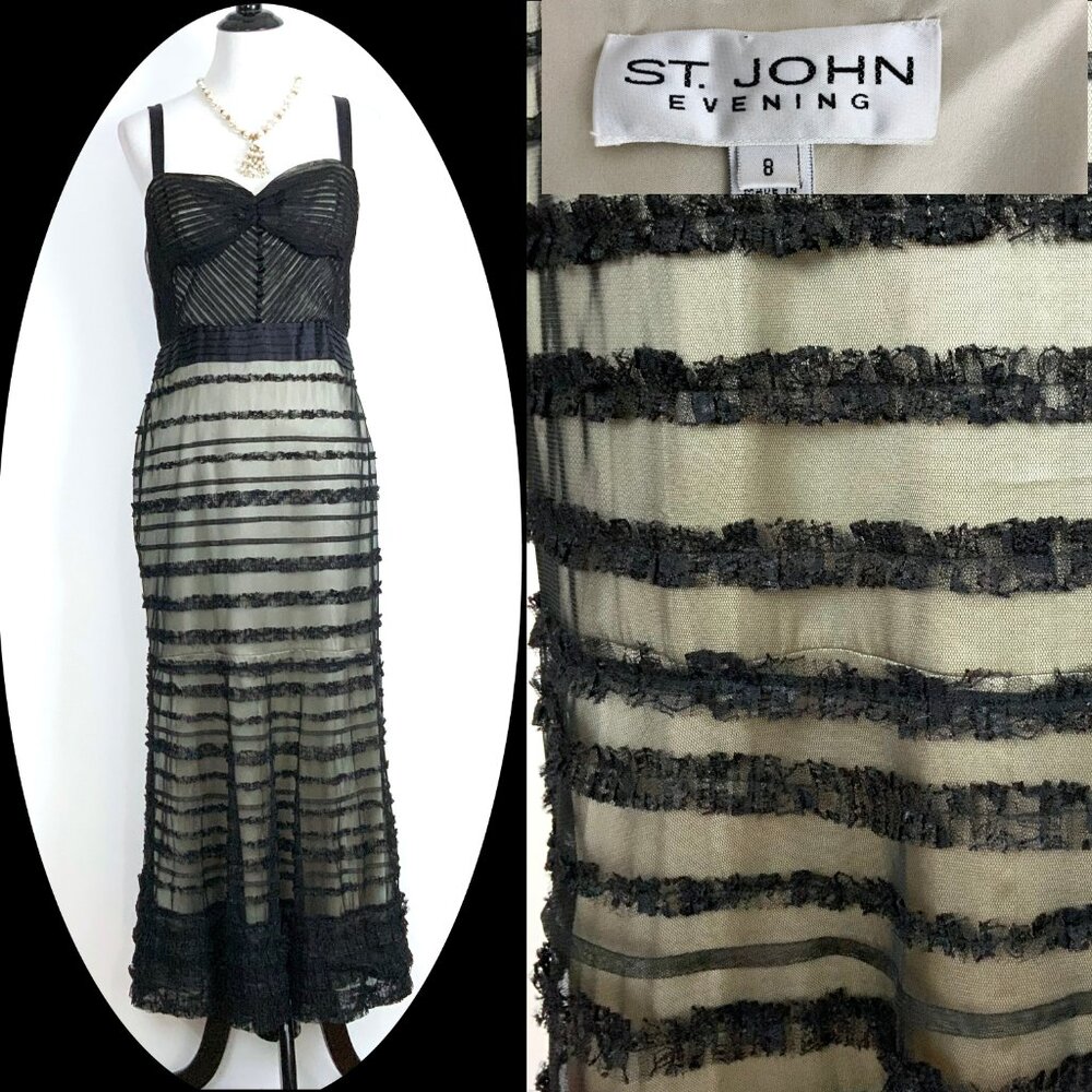St. John Black Mesh Tule Formal Evening Prom Dress Silk Lining Sz 8